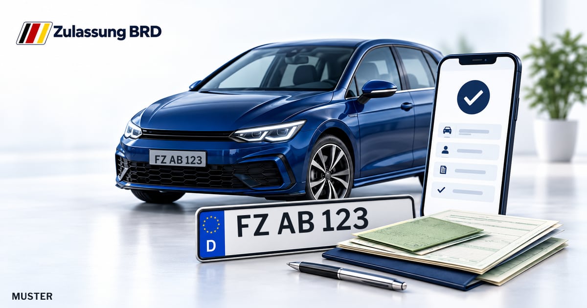 Online Fahrzeugzulassung in Felsberg: Musterkennzeichen FZ AB 123, Auto und Fahrzeugpapiere und Smartphone. Illustration mit Logo von Zulassung BRD.